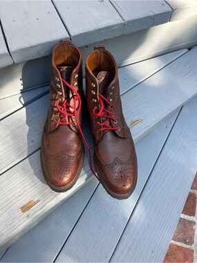 Allen Edmonds Brown Brogue Leather Lace-Up Boots with Red Laces